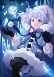 Rule 34 | 1girl, :d, absurdres, animal ears, bad id, bad pixiv id, bear ears, black gloves, black pantyhose, blue bow, blue coat, blue ribbon, boots, bow, buttons, clenched hand, cloud, cloudy sky, coat, commentary, floating hair, from below, full moon, fur-trimmed boots, fur coat, fur trim, gloves, hand up, highres, hood, hood up, hooded coat, huge filesize, ice, leg up, light purple hair, long sleeves, looking at viewer, moon, night, night sky, open mouth, original, outdoors, pantyhose, pocket, purple eyes, ribbon, round teeth, short hair, sky, smile, snowball, solo, standing, standing on one leg, star (sky), starry sky, symbol-only commentary, tareme, teeth, white footwear, yampa