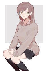 Rule 34 | 1girl, azuma (magi-inazuma), black skirt, black socks, blush, brown hair, brown sweater, closed mouth, collared shirt, commentary request, grey background, hands on lap, highres, invisible chair, kneehighs, long hair, long sleeves, looking at viewer, original, pleated skirt, school uniform, shirt, sitting, skirt, smile, socks, solo, sweater, two-tone background, white background, white shirt, yellow eyes