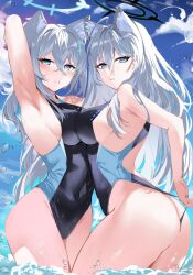 Rule 34 | 2girls, adjusting clothes, adjusting swimsuit, animal ears, arm up, armpits, ass, bare arms, bare shoulders, blue archive, blue eyes, blush, breasts, covered navel, crossed bangs, grey hair, hair between eyes, hair ornament, halo, highres, large breasts, long hair, multiple girls, one-piece swimsuit, outdoors, parted lips, partially submerged, shiben (ugvu5784), shiroko (blue archive), shiroko terror (blue archive), swimsuit, thighs, water, wedgie
