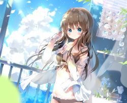 Rule 34 | 1girl, bad id, bad pixiv id, bare shoulders, blue eyes, blue flower, blush, breasts, brown hair, cloud, collarbone, day, dohj00, flower, glass, light rays, long hair, looking at viewer, medium breasts, navel, original, parted lips, railing, revision, shelf, sky, solo, standing, sunbeam, sunlight, vase
