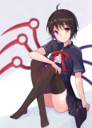 Rule 34 | 1girl, ahoge, arm support, asymmetrical wings, black dress, black hair, black thighhighs, blush, breasts, closed mouth, crossed legs, dress, full body, highres, houjuu nue, hyakunin momoko, knees up, looking at viewer, neck ribbon, red eyes, red ribbon, ribbon, short dress, short sleeves, sitting, small breasts, smile, solo, thighhighs, touhou, wings