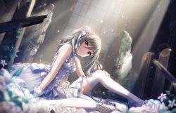 Rule 34 | 1girl, alternate costume, angel statue, bare shoulders, breasts, cleavage, dr (slrkwhdma12), dress, drill hair, earrings, flower, frilled dress, frills, gloves, grey hair, hair flower, hair ornament, hair ribbon, hand on own knee, idolmaster, idolmaster cinderella girls, idolmaster cinderella girls starlight stage, jewelry, kanzaki ranko, light rays, looking at viewer, moss, navel, official art, red eyes, ribbon, ruins, sitting, smile, solo, statue, thighhighs, twin drills, twintails, white dress, white gloves, window