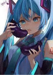 Rule 34 | 1girl, absurdres, aqua eyes, aqua necktie, bare shoulders, black sleeves, blue hair, blue nails, blue shirt, blush, breasts, collared shirt, detached sleeves, eating, eggplant, english text, food, hatsune miku, highres, holding, holding food, long hair, long sleeves, medium breasts, nail polish, necktie, number tattoo, open mouth, shirt, shoulder tattoo, simple background, solo, tattoo, twintails, upper body, vocaloid, white background, yukihira makoto