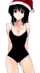 Rule 34 | 00s, 1girl, black eyes, black hair, blush, breasts, christmas, cleavage, competition school swimsuit, cosaten, hat, long hair, one-piece swimsuit, santa hat, school rumble, school swimsuit, school uniform, simple background, solo, suou mikoto (school rumble), sweatdrop, swimsuit, white background