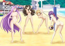 Rule 34 | 4girls, absurdres, arms behind head, artoria pendragon (all), artoria pendragon (fate), ass, ball, beach, beach volleyball, belly chain, bent over, breasts, completely nude, fate/stay night, fate (series), female focus, full body, highres, holding, holding ball, jewelry, looking at viewer, martinstorm91, matou sakura, medium breasts, medusa (fate), multiple girls, nipples, nude, ocean, one eye closed, outdoors, playing sports, saber (fate), sand, tohsaka rin, uncensored, volleyball, volleyball (object), volleyball net, water