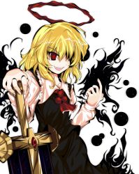 Rule 34 | 1girl, adesa, alphes (style), blonde hair, darkness, embodiment of scarlet devil, ex-rumia, female focus, hair over one eye, hair ribbon, halo, highres, open mouth, parody, red eyes, ribbon, rumia, self-upload, smile, solo, style parody, sword, touhou, transparent background, weapon, wings