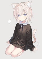 Rule 34 | 1girl, animal ears, black sweater, blonde hair, blue eyes, capriccio, cat ears, cat girl, cat tail, commentary request, full body, long sleeves, looking at viewer, no pants, original, seiza, shirt, short hair, sitting, sleeves past wrists, sweater, tail, translation request, white hair, white shirt