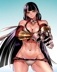 Rule 34 | 1girl, abs, artist name, black hair, blunt bangs, bow, bowalia, bowtie, bra, breasts, cleavage, contrapposto, cowboy shot, cross, earrings, elbow gloves, fate/grand order, fate (series), frilled bra, frilled panties, frills, gauntlets, gloves, green eyes, hair ribbon, head tilt, jewelry, long hair, looking at viewer, lowleg, lowleg panties, martha (fate), martha (swimsuit ruler) (fate), martha (swimsuit ruler) (third ascension) (fate), multicolored hair, navel, panties, red gloves, ribbon, simple background, standing, streaked hair, underwear, underwear only