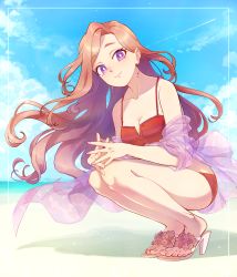 Rule 34 | 1girl, absurdres, aikatsu! (series), alternate costume, beach, bikini, blush, breasts, bright pupils, brown hair, character request, cleavage, closed mouth, collarbone, day, earrings, high heels, highres, jewelry, large breasts, long hair, looking at viewer, nail polish, outdoors, purple eyes, purple nails, red bikini, smile, solo, squatting, swimsuit, very long hair, white footwear, white pupils, yoshidanoe