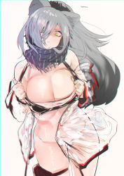 Rule 34 | 1girl, arknights, bad id, bad twitter id, bottomless, breasts, cleavage, convenient censoring, cowboy shot, grey hair, highres, large breasts, long hair, ponytail, pouch, scarf, schwarz (arknights), solo, taiban steak, thigh pouch, top pull, twitter username, watermark, yellow eyes