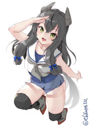 Rule 34 | 1girl, black hair, black thighhighs, blue one-piece swimsuit, blush, collarbone, ebifurya, full body, green eyes, grey neckerchief, hair between eyes, highres, i-47 (kancolle), kantai collection, long hair, neckerchief, one-hour drawing challenge, one-piece swimsuit, open mouth, sailor collar, sailor shirt, school swimsuit, shirt, simple background, sleeveless, sleeveless shirt, smile, solo, swimsuit, swimsuit under clothes, thighhighs, twitter username, white background, white sailor collar