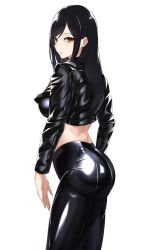 Rule 34 | 1girl, ass, back, black hair, black jacket, breasts, cowboy shot, crop top, from behind, highres, jacket, large breasts, leather, leather jacket, long hair, looking at viewer, midriff, original, simple background, solo, swept bangs, volyz, white background, yellow eyes