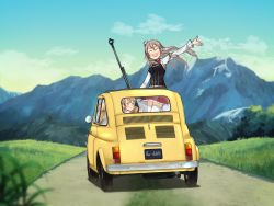 Rule 34 | 3girls, annin musou, anti-materiel rifle, blue sky, blurry, bodice, car, castle of cagliostro, closed eyes, cloud, day, depth of field, facing viewer, from behind, grey hair, gun, hat, kantai collection, littorio (kancolle), long hair, looking at viewer, lupin iii, mini hat, motor vehicle, mountain, multiple girls, outdoors, parody, pola (kancolle), red skirt, rifle, shirt, skirt, sky, sniper rifle, solo focus, thighhighs, tilted headwear, vehicle focus, vehicle request, waving, wavy hair, weapon, weapon request, white legwear, white shirt, zara (kancolle)