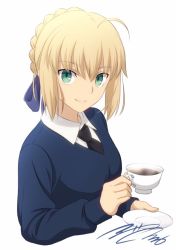 Rule 34 | 10s, 1girl, ahoge, artoria pendragon (all), artoria pendragon (fate), bad id, bad twitter id, blonde hair, blue ribbon, blue sweater, braid, cosplay, cup, darjeeling (cosplay), darjeeling (girls und panzer), dress shirt, fate/stay night, fate (series), french braid, fumika asano, girls und panzer, green eyes, hair ribbon, long sleeves, looking at viewer, necktie, official style, revision, ribbon, saber (fate), saucer, school uniform, shirt, short hair, signature, simple background, smile, solo, st. gloriana&#039;s school uniform, steam, sweater, tea, teacup, upper body, v-neck, white background, wing collar
