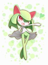Rule 34 | :d, blush, colored skin, creatures (company), full body, game freak, gen 3 pokemon, green hair, green skin, hair between eyes, happy, heart, kirlia, long hair, looking at viewer, nintendo, no humans, open mouth, outstretched arm, pokemon, pokemon (creature), polka dot, polka dot background, red eyes, red pupils, simple background, smile, solo, standing, tongue, white skin, wink