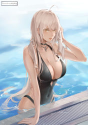 Rule 34 | 1girl, ahoge, arm up, bad id, bad pixiv id, bare arms, bare shoulders, black choker, black one-piece swimsuit, breasts, casual one-piece swimsuit, choker, cleavage, closed mouth, collarbone, covered navel, drying, drying hair, ear piercing, fate/grand order, fate (series), highres, jeanne d&#039;arc (fate), jeanne d&#039;arc alter (avenger) (fate), jeanne d&#039;arc alter (fate), jewelry, large breasts, lipstick, long hair, makeup, necklace, one-piece swimsuit, partially submerged, piercing, pixiv id, pool, revision, rifu (643763873), silver hair, solo, swimsuit, towel, towel around neck, water, yellow eyes