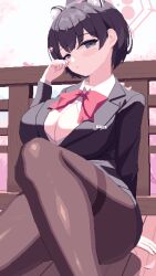 Rule 34 | 1girl, animal ear fluff, animal ears, animated, animated gif, black eyes, black hair, black jacket, black pantyhose, blue archive, bow, bowtie, breasts, breathing, cherry blossoms, cleavage, closed eyes, collared shirt, hair ornament, halo, highres, jacket, knee up, large breasts, long sleeves, looking at viewer, pantyhose, petals, piao mao, pixel art, raccoon ears, red bow, red bowtie, red halo, shirt, short hair, sitting, solo, tsubaki (blue archive), tsubaki (guide) (blue archive), white shirt