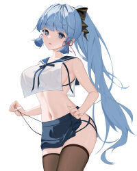 Rule 34 | 1girl, absurdres, alternate costume, ayaka (genshin impact), bare arms, bare shoulders, black bow, black thighhighs, blue eyes, blue hair, blue skirt, bow, breasts, commentary, cowboy shot, genshin impact, hair bow, highres, large breasts, long hair, looking at viewer, midriff, miniskirt, navel, parted lips, sailor collar, sailor shirt, shirt, simple background, skirt, sleeveless, sleeveless shirt, solo, standing, stomach, thighhighs, thighs, very long hair, white background, white shirt, whitehartlane13