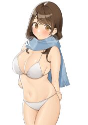 Rule 34 | 1girl, arms behind back, bare arms, bare shoulders, bikini, blue scarf, blush, breasts, brown eyes, brown hair, cleavage, closed mouth, commentary request, cowboy shot, earrings, highres, jewelry, large breasts, looking at viewer, mature female, navel, ol mahonanoka, original, scarf, simple background, solo, swimsuit, thighs, white background, white bikini