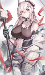 Rule 34 | 1girl, absurdres, amir0, arknights, bare shoulders, breasts, grey hair, hair ornament, hammer, highres, horns, infection monitor (arknights), large breasts, long hair, looking at viewer, material growth, mudrock (arknights), navel, oripathy lesion (arknights), pointy ears, red eyes, solo, white hair