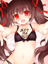 Rule 34 | 1girl, :d, bed, black bra, black panties, blush, body writing, bow, bra, breasts, character request, chocolate, collarbone, copyright name, flat chest, groin, head tilt, kurasuke, long hair, looking at viewer, lying, make me lover, navel, on back, on bed, open mouth, outstretched arms, panties, reaching, red eyes, ribbon, smile, solo, spread arms, translation request, twintails, underwear, underwear only, upper body