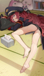 Rule 34 | 1girl, absurdres, armband, ass, bare legs, barefoot, black panties, blue archive, blush, feet, from behind, grey eyes, hat, highres, indoors, iroha (blue archive), legs, long hair, long sleeves, looking at viewer, looking back, lying, military, military uniform, necktie, nuda, hugging object, on stomach, panties, peaked cap, pencil skirt, pillow, pillow hug, red hair, red necktie, skirt, smile, solo, spread legs, toes, underwear, uniform, wavy hair