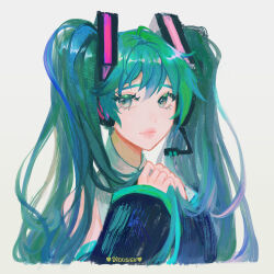 Rule 34 | 1girl, artist name, commentary, detached sleeves, english commentary, green eyes, green hair, hatsune miku, headset, holding, holding own hair, long hair, long neck, portrait, sleeves past wrists, smile, solo, twintails, upper body, vicki tsai, vocaloid