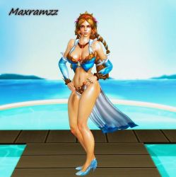 Rule 34 | 1girl, 3d, aphrodite (smite), blonde hair, blue eyes, blue suit, breasts, formal, full body, golden rings, jewelry, large breasts, legs, legs together, long hair, love goddess, maxramzz, necklace, pool, self-upload, smile, smite, solo, suit, watermark, xnalara