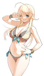 Rule 34 | 1girl, ahoge, bikini, blonde hair, blue eyes, bracelet, breasts, clenched teeth, goumudan, hachimiya meguru, hand on own hip, highres, idolmaster, idolmaster shiny colors, jewelry, large breasts, long hair, looking at viewer, low twintails, multicolored bikini, multicolored clothes, navel, one eye closed, simple background, smile, solo, swimsuit, teeth, twintails, white background