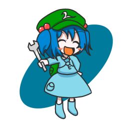 Rule 34 | 1girl, backpack, bad id, bad pixiv id, bag, blue hair, blush, blush stickers, boots, chibi, closed eyes, full body, hat, kawashiro nitori, long sleeves, open mouth, pocket, rubber boots, short hair, short twintails, simple background, skirt, skirt set, smile, solo, sousou (sousouya), tools, touhou, twintails, two side up, wrench