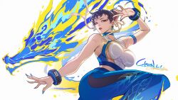 Rule 34 | 1girl, alternate costume, artist name, ass, aura, bicep strap, blue nails, bracelet, breasts, brown eyes, brown hair, capcom, character name, china dress, chinese clothes, chun-li, citemer, closed mouth, commentary, dragon, dress, earrings, fingernails, hair bun, hair ornament, highres, jewelry, lips, lipstick, makeup, medium breasts, muscular, muscular female, nail polish, nike logo, signature, simple background, skin tight, solo, street fighter, wristband