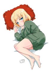 Rule 34 | 1girl, artist name, barefoot, bed sheet, blonde hair, blue eyes, blush, bob (you-u-kai), closed mouth, commentary, fetal position, frown, girls und panzer, green jumpsuit, jumpsuit, katyusha (girls und panzer), looking at viewer, lying, on bed, on side, pillow, pravda military uniform, short hair, short jumpsuit, signature, sleepy, solo