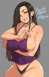 Rule 34 | 1girl, 2020, agawa ryou, artist name, bare shoulders, black hair, black panties, breasts, brown eyes, collarbone, commentary, dated, grey background, grin, large breasts, long hair, looking at viewer, naughty face, nipple slip, nipples, one breast out, original, panties, signature, simple background, smile, solo, thick thighs, thighs, underwear