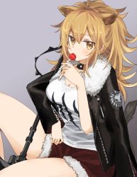 Rule 34 | 1girl, animal ears, arknights, black choker, black jacket, blush, breasts, brown eyes, brown hair, candy, choker, cleavage, commentary request, food, fur-trimmed jacket, fur-trimmed shorts, fur trim, grey background, hair between eyes, hand up, highres, holding, holding food, jacket, large breasts, lion ears, lollipop, long hair, long sleeves, looking at viewer, partial commentary, red shorts, shiduki eku, shirt, short shorts, shorts, siege (arknights), simple background, sitting, solo, thighs, white shirt
