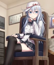 Rule 34 | 1girl, armchair, belt, black skirt, black thighhighs, blue eyes, blurry, blurry background, blush, chair, closed mouth, crossed legs, flat cap, hair between eyes, hammer and sickle, hat, hibiki (kancolle), highres, indoors, kantai collection, long hair, long sleeves, looking at viewer, pleated skirt, silver hair, sitting, skirt, smile, solo, thighhighs, verniy (kancolle), white hat, yakob labo