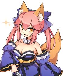 Rule 34 | 10s, 1girl, animal ear fluff, animal ears, bare shoulders, blue ribbon, breasts, cleavage, detached sleeves, end tieno, fang, fate/extra, fate/grand order, fate (series), fox ears, fox tail, hair ribbon, highres, japanese clothes, large breasts, looking at viewer, ofuda, open mouth, pink hair, ribbon, simple background, solo, tail, tamamo (fate), tamamo no mae (fate/extra), white background, yellow eyes
