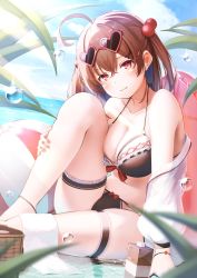 Rule 34 | 1girl, absurdres, ahoge, ball, bare shoulders, beachball, bikini, black bikini, breasts, brown hair, cleavage, collarbone, eyewear on head, front-tie bikini top, front-tie top, hair bobbles, hair ornament, halterneck, halterneck, heart, heart-shaped eyewear, highres, jacket, knee up, looking at viewer, medium breasts, medium hair, nyan (reinyan 007), off shoulder, open clothes, open jacket, original, outdoors, red eyes, sitting, solo, string bikini, sunglasses, swimsuit, thigh strap, thighs, two side up, white jacket