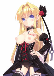 Rule 34 | 1girl, bad id, bad pixiv id, blonde hair, blue eyes, breasts, cameltoe, choker, collar, corset, cross, detached sleeves, earrings, flower, garter straps, hair flower, hair ornament, hand on own hip, heart, heart-shaped pupils, highres, jewelry, long hair, mvv, necklace, nipples, original, panties, rancy, simple background, solo, symbol-shaped pupils, tattoo, thighhighs, topless, underwear, white background