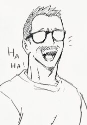 Rule 34 | 1boy, :d, bara, billy russell (dickfish), casual, dickfish (fishismdick), english text, facial hair, glasses, highres, laughing, male focus, mature male, multiple boys, mustache, open mouth, original, pectorals, portrait, scan, shirt, short hair, sideburns, sketch, smile, solo, traditional media
