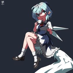 Rule 34 | 1girl, artist name, black footwear, bloomers, blue bow, blue eyes, blue hair, blush, bow, cirno, crossed legs, cup, dress, frilled dress, frills, hair bow, highres, huxiao (mistlakefront), ice, ice wings, looking at viewer, mary janes, puffy short sleeves, puffy sleeves, saucer, shoes, short hair, short sleeves, sitting, socks, solo, teacup, touhou, underwear, white socks, wings