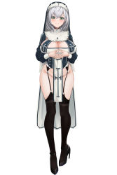 Rule 34 | 1girl, alternate costume, black choker, black thighhighs, blush, breast curtains, breasts, choker, closed mouth, commentary, full body, garter belt, green eyes, grey hair, groin, habit, high heels, highres, hololive, kuutamo, large breasts, looking at viewer, no panties, no pants, nun, pelvic curtain, shirogane noel, short hair, simple background, smile, solo, steepled fingers, tabard, tachi-e, thighhighs, underbust, virtual youtuber, wavy hair, white background