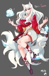 Rule 34 | 1girl, :d, ahri (league of legends), animal ears, boots, commentary request, facial mark, fox ears, fox tail, full body, fusion, grey background, hands up, highres, idolmaster, idolmaster (classic), korean commentary, korean text, league of legends, long hair, looking at viewer, multiple tails, open mouth, red eyes, shijou takane, signature, simple background, smile, solo, tail, tuxedo de cat, very long hair, whisker markings, white hair