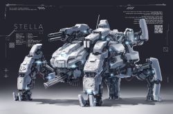 Rule 34 | absurdres, commentary, english commentary, english text, gatling gun, gun, highres, latin text, mecha, multiple legs, no humans, original, qr code, robot, solo, standing, takuan (a mood home), weapon