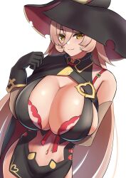 Rule 34 | 1girl, arm under breasts, black gloves, black hat, breasts, cleavage, clothing cutout, curvy, emp (denjipgre), gloves, hat, highres, large breasts, long hair, looking at viewer, navel, navel cutout, nijisanji, nui sociere, nui sociere (1st costume), simple background, solo, virtual youtuber, white background, witch hat, yellow eyes
