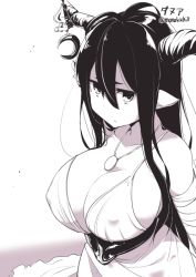 Rule 34 | 10s, 1girl, antenna hair, bandages, black hair, breasts, cleavage, danua, draph, dress, granblue fantasy, hair between eyes, horn ornament, horns, jewelry, kichihachi, large breasts, long hair, monochrome, necklace, pointy ears, solo