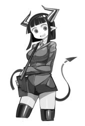 Rule 34 | 1girl, :d, bag, collared shirt, commentary request, cowboy shot, cropped legs, demon girl, demon horns, demon tail, fang, greyscale, harau, highres, holding, horns, jacket, long sleeves, looking at viewer, monochrome, open mouth, original, pointy ears, shirt, short hair, shoulder bag, simple background, skindentation, smile, solo, standing, tail, thighhighs, white background