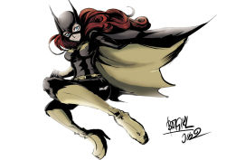 Rule 34 | 1girl, barbara gordon, batgirl, batman (series), belt, blue eyes, boots, breasts, cape, character name, dc comics, long hair, mask, red hair, shoes, smile, solo, white background, yellow footwear