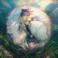 Rule 34 | 1girl, bare shoulders, black hair, closed eyes, facepaint, from above, fur, grass, highres, jewelry, lying, mask, mononoke hime, moro no ichizoku, necklace, on side, outdoors, san (mononoke hime), short hair, sleeping, studio ghibli, tooth necklace, white wolf, wolf, yuumei