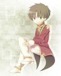 Rule 34 | 1990s (style), 1boy, bad id, bad pixiv id, brown eyes, brown hair, cardcaptor sakura, child, crossed legs, formal, full body, invisible chair, ishikoro (apol), li xiaolang, male focus, retro artstyle, short hair, sitting, solo, white background
