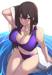Rule 34 | 1girl, arm behind head, arm up, bare shoulders, bikini, black hair, blush, breasts, cleavage, closed mouth, collarbone, earrings, eyelashes, hip focus, jewelry, k jin, large breasts, long hair, looking at viewer, mole, mole under eye, navel, original, purple bikini, purple eyes, rock, simple background, sitting, smile, solo, swimsuit, thighs, towel, water, white background